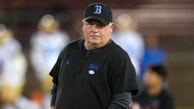 Oct 21, 2023; Stanford, California, USA; UCLA Bruins head coach Chip Kelly stands on the field before the game against the Stanford Cardinal at Stanford Stadium. Mandatory Credit: Darren Yamashita-USA TODAY Sports