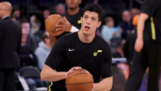 Jan 30, 2024; New York, New York, USA; Utah Jazz forward Simone Fontecchio (16) warms up before a game against the New York Knicks at Madison Square Garden.