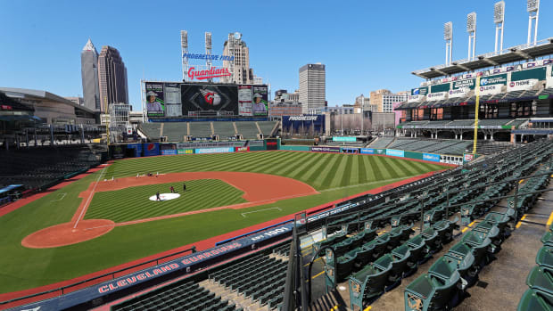 Members of the Cleveland Guardians take care of the field during the week before their 2023 home opener at Progressive Field, Thursday, March 30, 2023, in Cleveland, Ohio.