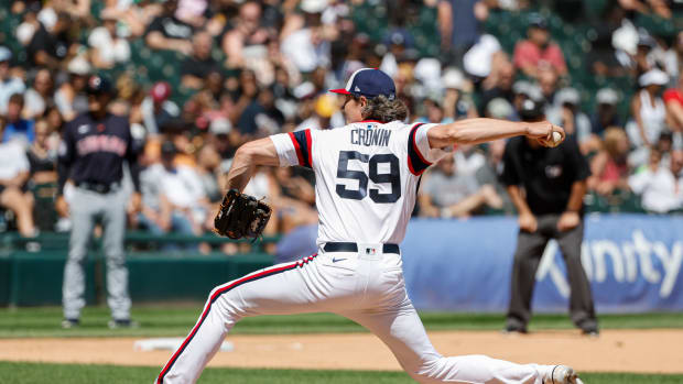 Jul 30, 2023; Chicago, Illinois, USA; Chicago White Sox relief pitcher Declan Cronin (59) pitches against the Cleveland Guardians during the seventh inning at Guaranteed Rate Field.