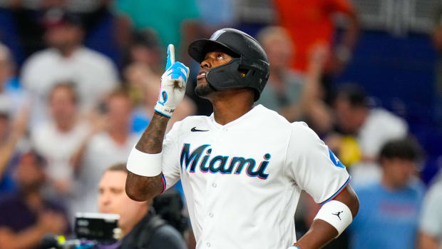 Miami Marlins designated hitter Jorge Soler celebrates hitting a home run against the Philadelphia Phillies during the ninth inning at loanDepot Park. (2023)
