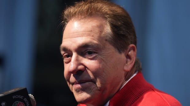Alabama head coach Nick Saban speaks at a press conference before the Rose Bowl.