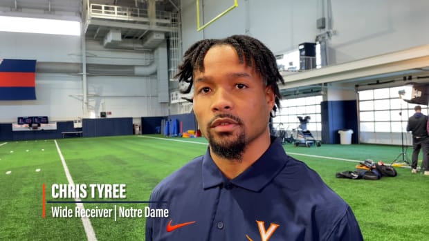 Virginia football wide receiver Chris Tyree speaks to the media at the George Welsh Indoor Practice Facility.