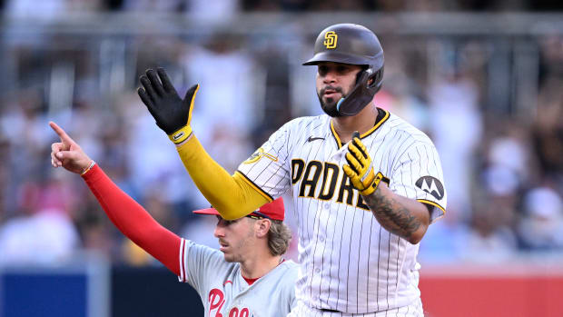 Sep 4, 2023; San Diego, California, USA; San Diego Padres catcher Gary Sanchez (99) celebrates after hitting an RBI double against the Philadelphia Phillies during the seventh inning at Petco Park.