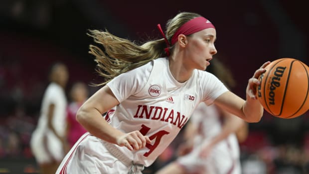 Jan 31, 2024; College Park, Maryland, USA; Indiana Hoosiers guard Sara Scalia (14) starts the fast break during the second half against the Maryland Terrapins at Xfinity Center.