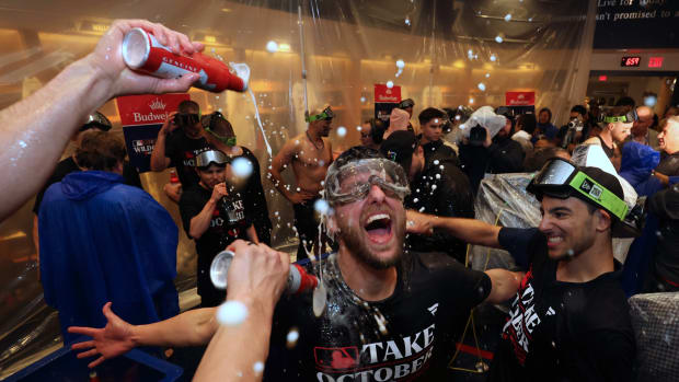 Oct 4, 2023; Minneapolis, Minnesota, USA; Minnesota Twins players celebrate after defeating the Toronto Blue Jays during game two of the Wildcard series for the 2023 MLB playoffs at Target Field.