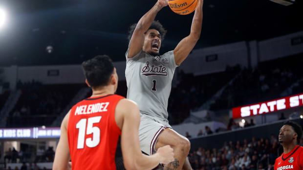 Feb 7, 2024; Starkville, Mississippi, USA; Mississippi State Bulldogs forward Tolu Smith (1) dunks during the second half against the Georgia Bulldogs at Humphrey Coliseum. Mandatory Credit: Petre Thomas-USA TODAY Sports