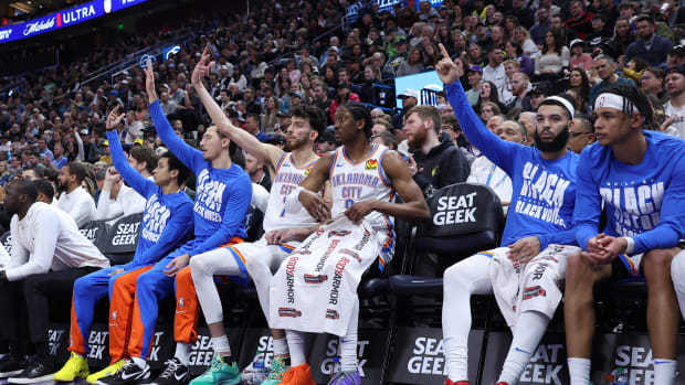 Feb 6, 2024; Salt Lake City, Utah, USA; The Oklahoma City Thunder bench reacts to a shot against the Utah Jazz during the second quarter at Delta Center.