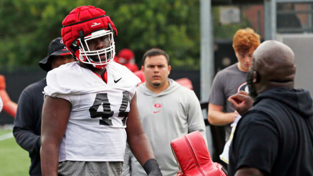 Georgia defensive lineman Jordan Hall (44) at the first day fall football camp in Athens, Ga., on Thursday, Aug. 3, 2023.