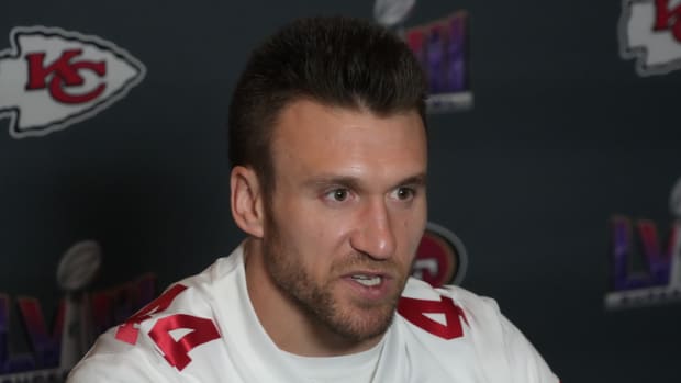 49ers full back Kyle Juszczyk speaks to media ahead of Super Bowl LVIII>
