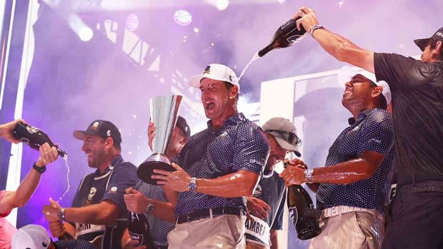 Captain Bryson DeChambeau and Crushers GC celebrate winning the 2023 LIV Golf Invitational - Miami Team Championship at Trump National Doral Miami.