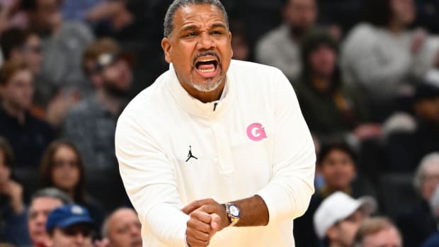 Georgetown Hoyas head coach Ed Cooley reacts against the Marquette Golden Eagles during the first half at Capital One Arena.