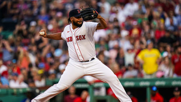 Aug 30, 2023; Boston, Massachusetts, USA; Boston Red Sox relief pitcher Kenley Jansen (74) throws a pitch against the Houston Astros in the eighth inning at Fenway Park.