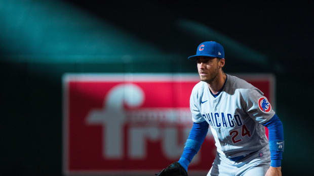 Sep 17, 2023; Phoenix, Arizona, USA; Chicago Cubs outfielder Cody Bellinger (24) reacts at first base in the second inning against the Arizona Diamondbacks at Chase Field. Mandatory Credit: Allan Henry-USA TODAY Sports