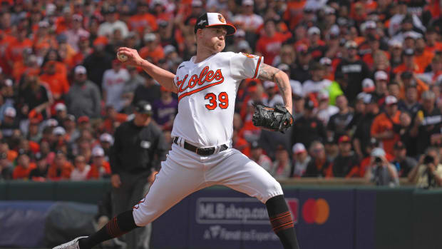 Oct 7, 2023; Baltimore, Maryland, USA; Baltimore Orioles starting pitcher Kyle Bradish (39) throws a pitch in the first inning against the Texas Rangers during game one of the ALDS for the 2023 MLB playoffs at Oriole Park at Camden Yards. Mandatory Credit: Mitch Stringer-USA TODAY Sports