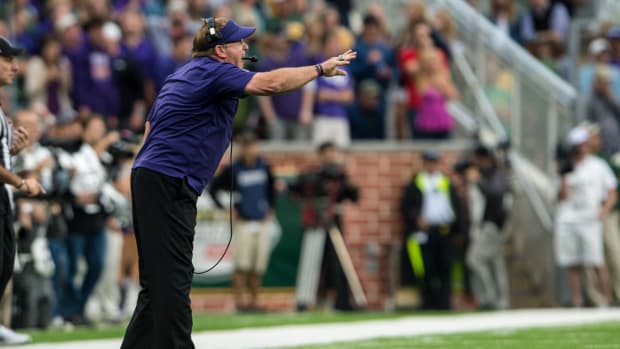 Gary Patterson coaches a game for TCU at Baylor.