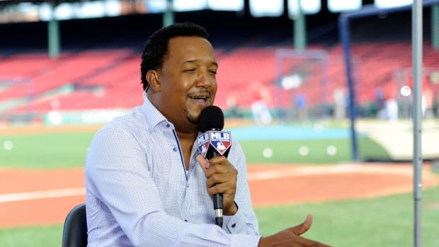 Jun 23, 2017; Boston, MA, USA; Boston Red Sox former pitcher Pedro Martinez talks on the MLB Network prior to a game against the Los Angeles Angels at Fenway Park. Mandatory Credit: Bob DeChiara-USA TODAY Sports