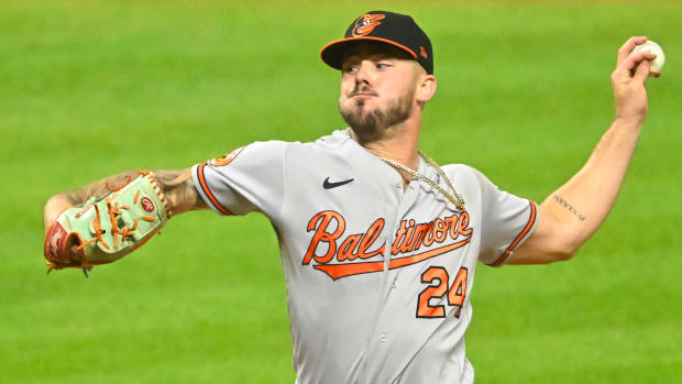 Sep 21, 2023; Cleveland, Ohio, USA; Baltimore Orioles relief pitcher DL Hall (24) delivers a pitch in the the sixth inning against the Cleveland Guardians at Progressive Field. Mandatory Credit: David Richard-USA TODAY Sports