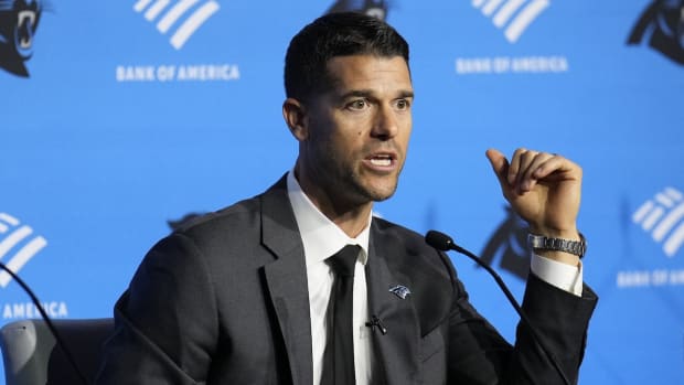 Feb 1, 2024; Charlotte, NC, USA; Carolina Panthers head coach Dave Canales speaks to the media during the introductory press conference for new general manager Dan Morgan and head coach Dave Canales at Bank of America Stadium. Mandatory Credit: Jim Dedmon-USA TODAY Sports