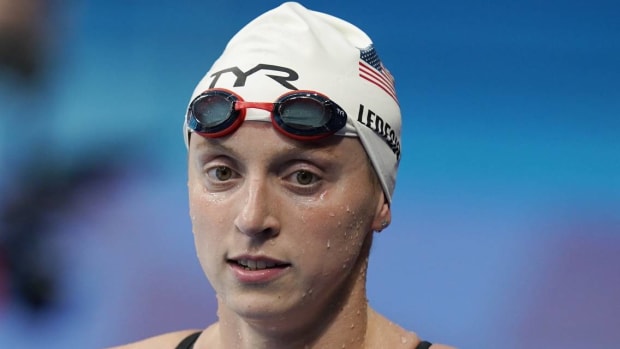 Swimmer Katie Ledecky looks on after competing in an event during the Summer Olympics.