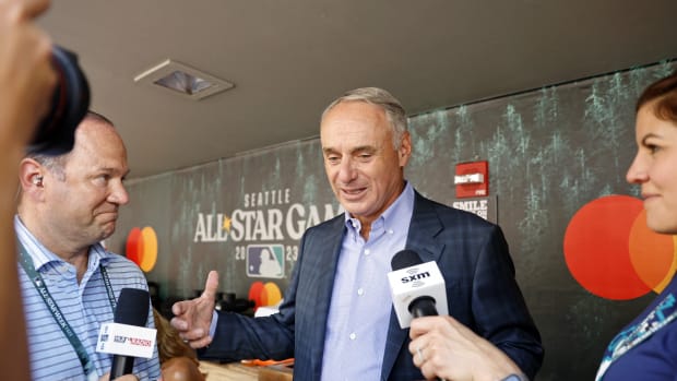Jul 11, 2023; Seattle, Washington, USA; MLB commissioner Rob Manfred talks to the media before the 2023 MLB All Star Game at T-Mobile Park.