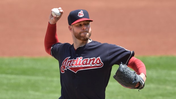 Jun 29, 2017; Cleveland, OH, USA; Cleveland Indians starting pitcher Corey Kluber (28) delivers in the first inning against the Texas Rangers at Progressive Field.
