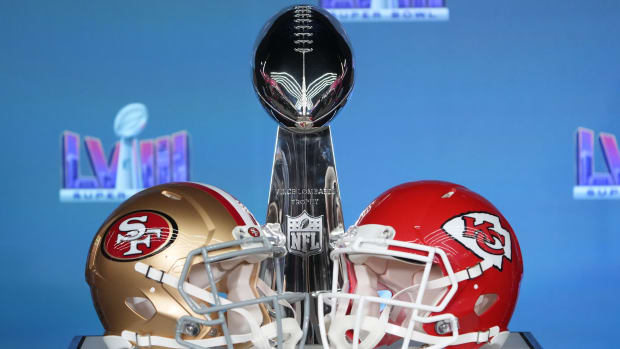 Helmets for the San Francisco 49ers and Kansas City Chiefs on display with the Vince Lombardi Trophy before NFL commissioner Roger Goodell speaks at a press conference in advance of Super Bowl LVIII.