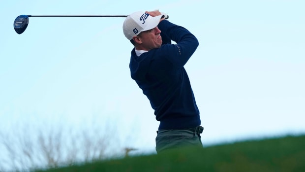 Justin Thomas was his tee shot while holding his follow-through on the 2nd hole during the second round at the WM Phoenix Open at TPC Scottsdale.