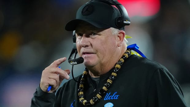 UCLA Bruins football coach Chip Kelly looks on during his team’s game against the Cal Golden Bears on Nov. 25, 2023.