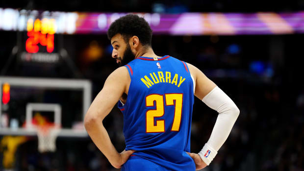 Feb 2, 2024; Denver, Colorado, USA; Denver Nuggets guard Jamal Murray (27) during the second half against the Portland Trail Blazers at Ball Arena. Mandatory Credit: Ron Chenoy-USA TODAY Sports  