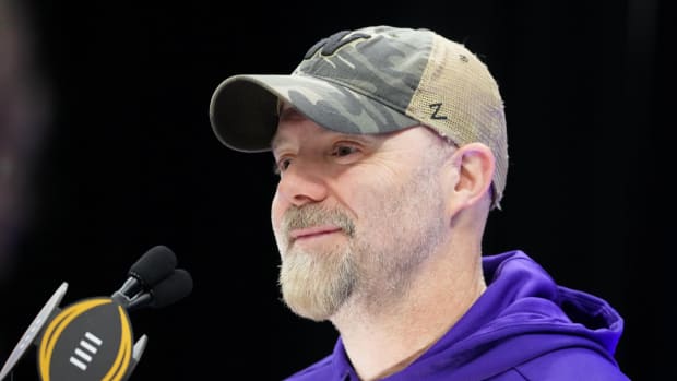 Jan 6, 2024; Houston, TX, USA; Washington Huskies offensive coordinator Ryan Grubb talks to the media during media day before the College Football Playoff national championship game against the Michigan Wolverines at George R Brown Convention Center. 