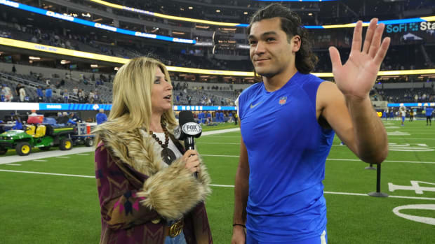 Puka Nacua does a postgame interview during his rookie NFL season.