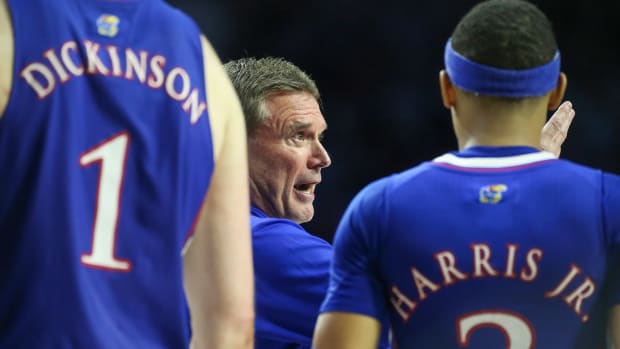 Feb 5, 2024; Manhattan, Kansas, USA; Kansas Jayhawks head coach Bill Self talks to his team during a timeout in the second half against the Kansas State Wildcats at Bramlage Coliseum. Mandatory Credit: Scott Sewell-USA TODAY Sports  