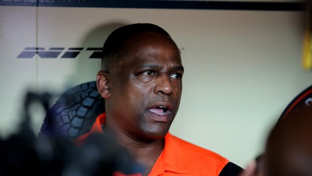 Jun 14, 2023; Houston, Texas, USA; Houston Astros general manager Dana Brown speaks to reporters in the dugout prior to a game against the Washington Nationals at Minute Maid Park. Mandatory Credit: Erik Williams-USA TODAY Sports