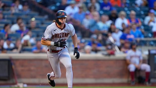 Sep 14, 2023; New York City, New York, USA; Arizona Diamondbacks center fielder Jake McCarthy (31) runs out an RBI double against the New York Mets during the eighth inning at Citi Field.