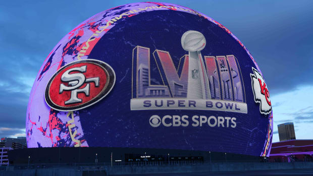 Feb 10, 2024; Las Vegas, NV, USA; A CBS Sports advertisement for Super Bowl 58 between the San Francisco 49ers and Kansas City Chiefs is projected onto the Sphere. Mandatory Credit: Kirby Lee-USA TODAY Sports