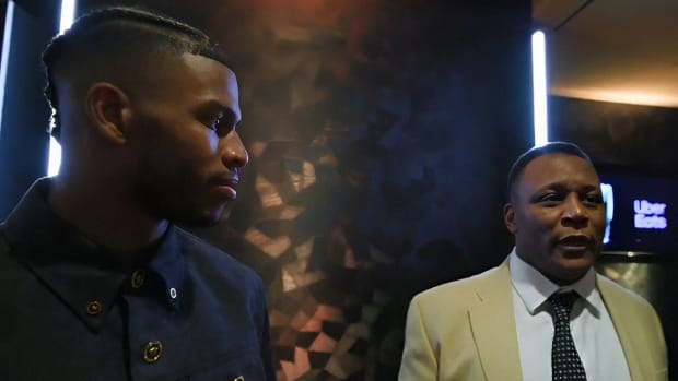 Shilo Sanders with Barry Sanders at NFL Honors before Super Bowl 58