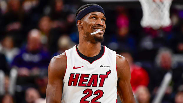 Miami Heat forward Jimmy Butler (22) reacts after a call against the Utah Jazz during the second half at Vivint Arena.