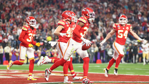 Feb 11, 2024; Paradise, Nevada, USA; Kansas City Chiefs cornerback Jaylen Watson (35) celebrates after recovering a muffed punt against the San Francisco 49ers in the second half in Super Bowl LVIII at Allegiant Stadium. Mandatory Credit: Mark J. Rebilas-USA TODAY Sports  