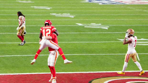 Feb 11, 2024; Paradise, Nevada, USA; Kansas City Chiefs wide receiver Mecole Hardman Jr. (12) celebrates after scoring the winning touchdown against the San Francisco 49ers during overtime in Super Bowl LVIII at Allegiant Stadium. Mandatory Credit: Stephen R. Sylvanie-USA TODAY Sports