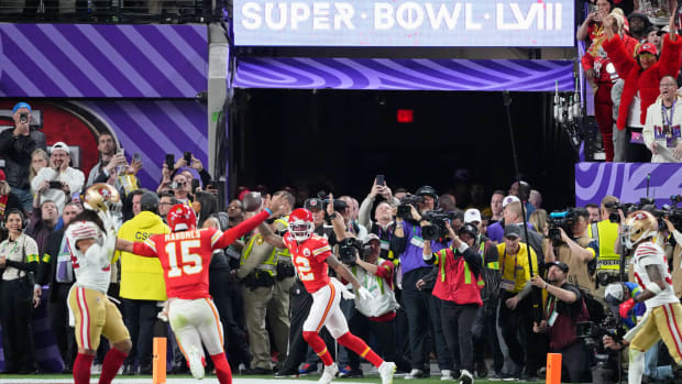 Feb 11, 2024; Paradise, Nevada, USA; Kansas City Chiefs wide receiver Mecole Hardman Jr. (12) celebrates after a game winning catch for a touchdown against the San Francisco 49ers during overtime of Super Bowl LVIII at Allegiant Stadium. Mandatory Credit: Kyle Terada-USA TODAY Sports  