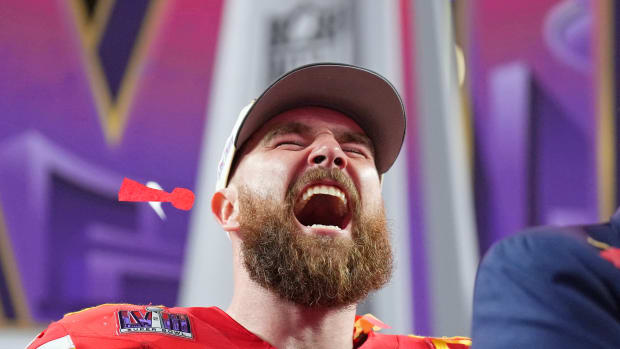 Feb 11, 2024; Paradise, Nevada, USA; Kansas City Chiefs tight end Travis Kelce (87) celebrates after winning Super Bowl LVIII against the San Francisco 49ers at Allegiant Stadium. Mandatory Credit: Kirby Lee-USA TODAY Sports  
