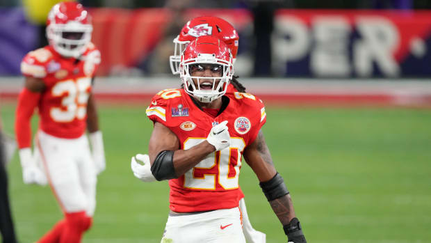 Feb 11, 2024; Paradise, Nevada, USA; Kansas City Chiefs safety Justin Reid (20) reacts after a play against the San Francisco 49ers during the second quarter of Super Bowl LVIII at Allegiant Stadium. Mandatory Credit: Kyle Terada-USA TODAY Sports  