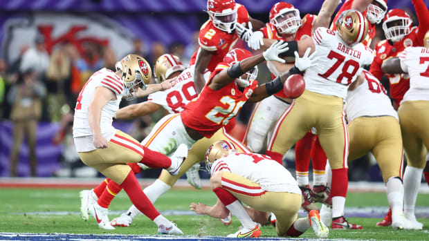 San Francisco 49ers kicker Jake Moody makes a field goal during Super Bowl LVIII vs the Kansas City Chiefs.