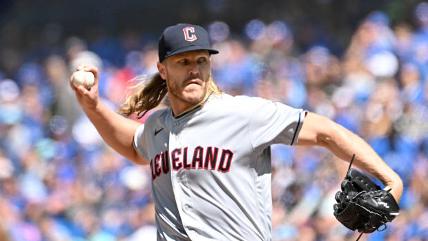 Aug 27, 2023; Toronto, Ontario, CAN; Cleveland Guardians starting pitcher Noah Syndergaard (34) delivers a pitch against the Toronto Blue Jays in the first inning at Rogers Centre.