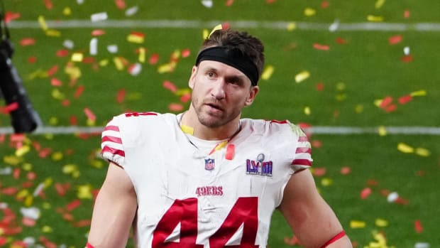 49ers full back Kyle Juszczyk walks in the Super Bowl LVIII confetti after the team lost to the Chiefs.