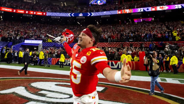 Feb 11, 2024; Paradise, Nevada, USA; Kansas City Chiefs quarterback Patrick Mahomes (15) celebrates after defeating the San Francisco 49ers in overtime of Super Bowl LVIII at Allegiant Stadium.