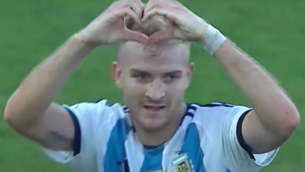 Luciano Gondou pictured celebrating after scoring for Argentina in a 1-0 win over Brazil in a qualifying match ahead of the 2024 Olympic Games