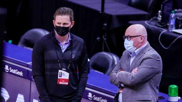 Feb 1, 2021; New Orleans, Louisiana, USA; New Orleans Pelicans Executive Vice President of Basketball Operations David Griffin talks with Sacramento Kings Assistant General Manager Wes Wilcox before the game at Smoothie King Center. Mandatory Credit: Stephen Lew-USA TODAY Sports  