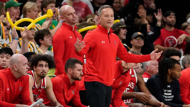 Feb 6, 2024; Waco, Texas, USA; Texas Tech Red Raiders head coach Grant McCasland reacts to a call against the Baylor Bears during the second half at Paul and Alejandra Foster Pavilion. Mandatory Credit: Raymond Carlin III-USA TODAY Sports  